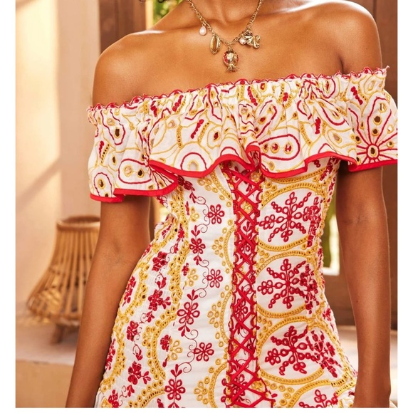 NWT Printed Embroidered Off-shoulder Mini Dress - Picture 3 of 11